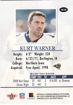 2001 Fleer Authority #53 Kurt Warner Back