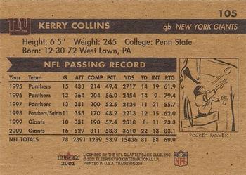 2001 Fleer Tradition Glossy #105 Kerry Collins Back