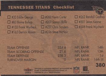 2001 Fleer Tradition Glossy #380 Tennessee Titans Team Leaders Back