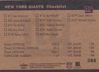 2001 Fleer Tradition Glossy #388 New York Giants Team Leaders Back