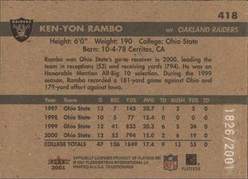 2001 Fleer Tradition Glossy #418 Ken-Yon Rambo Back