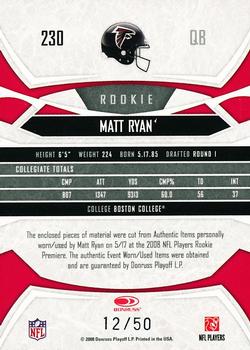 2008 Donruss Gridiron Gear - Rookie Gridiron Gems Jerseys #230 Matt Ryan Back