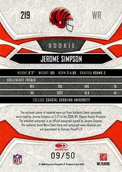 2008 Donruss Gridiron Gear - Rookie Gridiron Gems Jerseys Combos Autographs Prime #219 Jerome Simpson Back