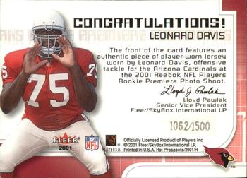 2001 Fleer Hot Prospects - Rookie Premiere Postmarks #NNO Leonard Davis Back