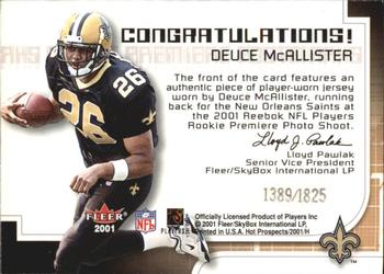 2001 Fleer Hot Prospects - Rookie Premiere Postmarks #NNO Deuce McAllister Back