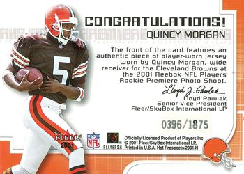 2001 Fleer Hot Prospects - Rookie Premiere Postmarks #NNO Quincy Morgan Back