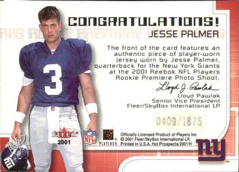 2001 Fleer Hot Prospects - Rookie Premiere Postmarks #NNO Jesse Palmer Back