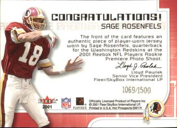 2001 Fleer Hot Prospects - Rookie Premiere Postmarks #NNO Sage Rosenfels Back