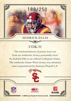 2008 Donruss Threads - College Gridiron Kings Materials #CGK-31 Sedrick Ellis Back