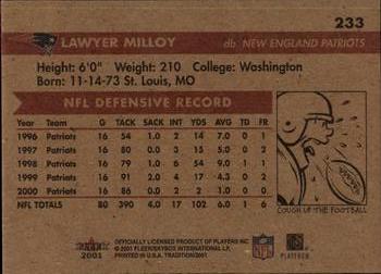 2001 Fleer Tradition #233 Lawyer Milloy Back
