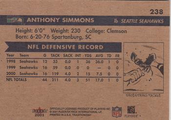 2001 Fleer Tradition #238 Anthony Simmons Back