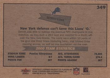 2001 Fleer Tradition #349 Detroit Lions Back