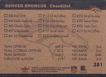 2001 Fleer Tradition #381 Denver Broncos Team Leaders Back
