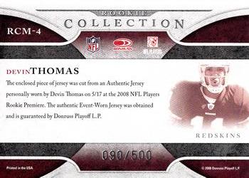 2008 Donruss Threads - Rookie Collection Materials #RCM-4 Devin Thomas Back