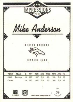 2001 Pacific Canvas Impressions #39 Mike Anderson Back