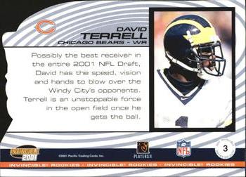 2001 Pacific Invincible - Rookie Die Cuts #3 David Terrell Back