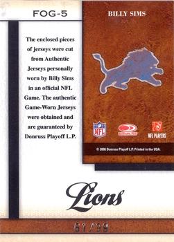 2008 Leaf Certified Materials - Fabric of the Game #FOG-5 Billy Sims Back