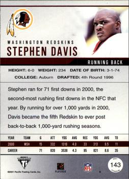 2001 Pacific Private Stock Titanium #143 Stephen Davis Back