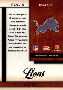 2008 Leaf Certified Materials - Fabric of the Game Position #FOG-5 Billy Sims Back