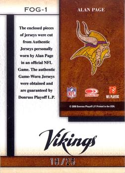 2008 Leaf Certified Materials - Fabric of the Game Prime #FOG-1 Alan Page Back