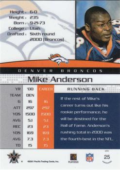 2001 Pacific Vanguard #25 Mike Anderson Back