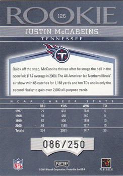 2001 Playoff Honors #126 Justin McCareins Back