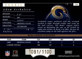 2001 Playoff Preferred #196 Adam Archuleta Back