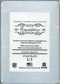 2008 Leaf Limited - Printing Plates Cyan #113 Brett Favre Back