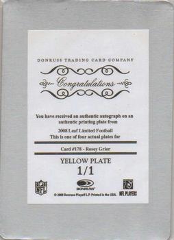 2008 Leaf Limited - Printing Plates Yellow #178 Rosey Grier Back