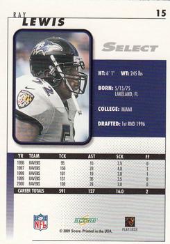 2001 Score Select #15 Ray Lewis Back