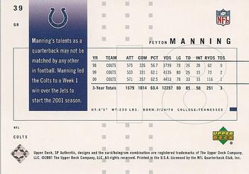 2001 SP Authentic #39 Peyton Manning Back
