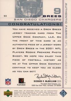 2001 SP Game Used Edition #93 Drew Brees Back