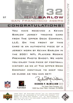 2001 SP Game Used Edition #97 Kevan Barlow Back