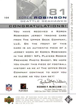 2001 SP Game Used Edition #104 Koren Robinson Back
