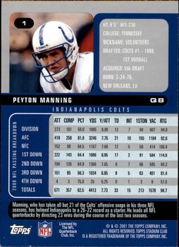 2001 Stadium Club #1 Peyton Manning Back