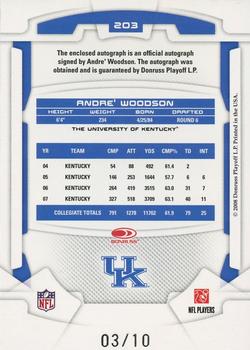 2008 Leaf Rookies & Stars - Rookie Patch Autographs College Gold #203 Andre Woodson Back