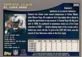 2001 Topps #365 Damione Lewis Back