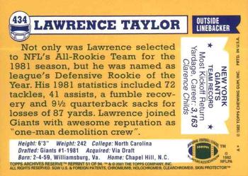 2001 Topps Archives Reserve #51 Lawrence Taylor Back
