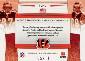2008 Leaf Rookies & Stars - Team Chemistry Autographs #TC-7 Andre Caldwell / Jerome Simpson Back