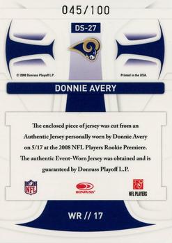 2008 Leaf Rookies & Stars Longevity - Dress for Success Jerseys #DS-27 Donnie Avery Back