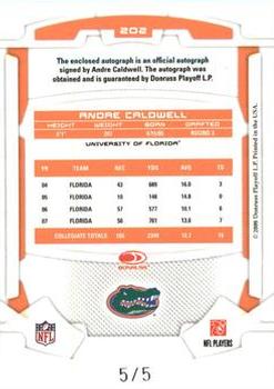 2008 Leaf Rookies & Stars Longevity - Rookie Patch Autographs College #202 Andre Caldwell Back