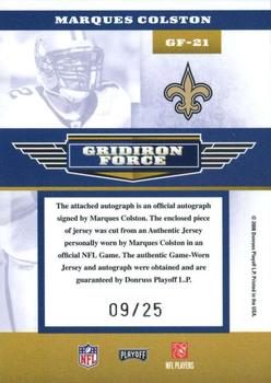 2008 Playoff Absolute Memorabilia - Gridiron Force Material Autographs Prime Jersey Number #GF-21 Marques Colston Back