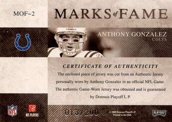2008 Playoff Absolute Memorabilia - Marks of Fame Materials #MOF-2 Anthony Gonzalez Back