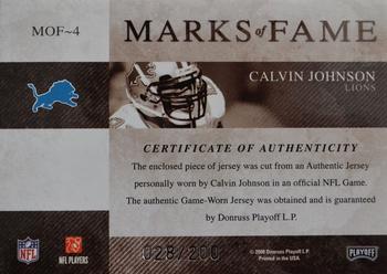 2008 Playoff Absolute Memorabilia - Marks of Fame Materials #MOF-4 Calvin Johnson Back