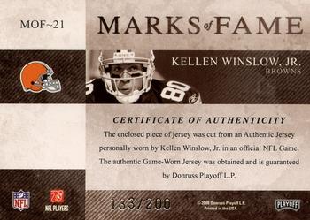 2008 Playoff Absolute Memorabilia - Marks of Fame Materials #MOF-21 Kellen Winslow, Jr. Back