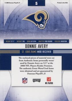 2008 Playoff Absolute Memorabilia - Rookie Jersey Collection #5 Donnie Avery Back