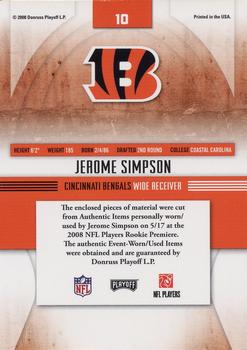 2008 Playoff Absolute Memorabilia - Rookie Jersey Collection #10 Jerome Simpson Back