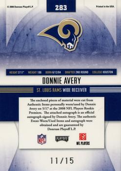 2008 Playoff Absolute Memorabilia - Rookie Premiere Materials Autographs Embossed Hologram Prime #283 Donnie Avery Back