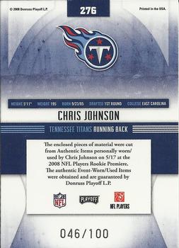 2008 Playoff Absolute Memorabilia - Rookie Premiere Materials Oversize #276 Chris Johnson Back