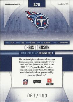 2008 Playoff Absolute Memorabilia - Rookie Premiere Materials Oversize Jersey Number #276 Chris Johnson Back